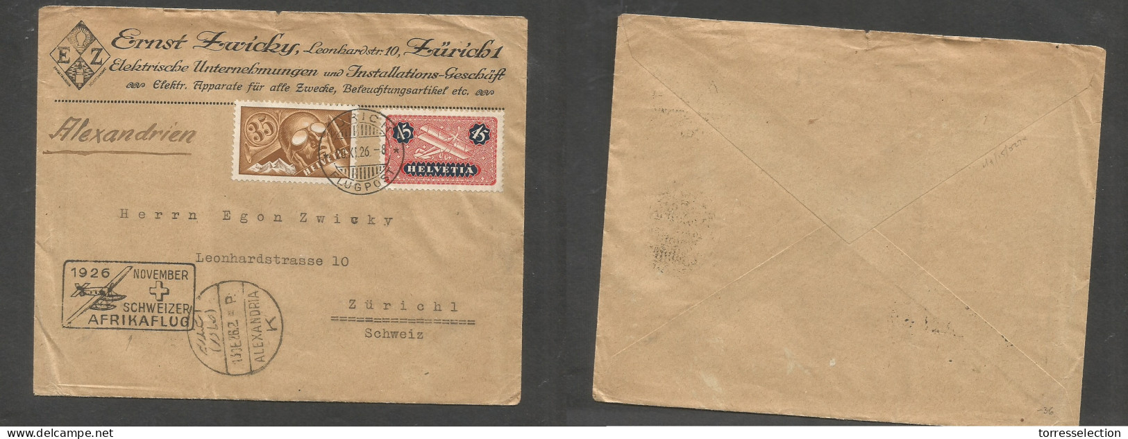 Switzerland - XX. 1926 (28 Nov) Zurich Special Flight To Egypt And Dack. Multifkd Envelope + Special Cachet. Alexandria  - Sonstige & Ohne Zuordnung