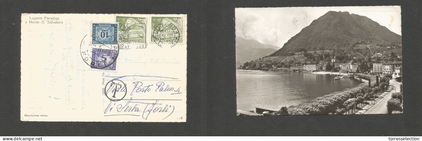 SWITZERLAND. 1953 (14 Aug) Lugano - Italy, Forli (19 Aug) Multifkd Ppc + Taxed + Italian P. Dues, Tied. Fine Comb. SALE. - Altri & Non Classificati