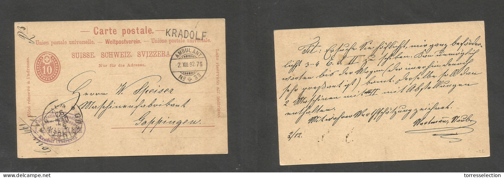 Switzerland - Stationery. 1892 (2 Dec) Kradolf - Goppingen (3 Dec) 10c Red Stat Card, Straighline Village Name + TPO Nº3 - Other & Unclassified