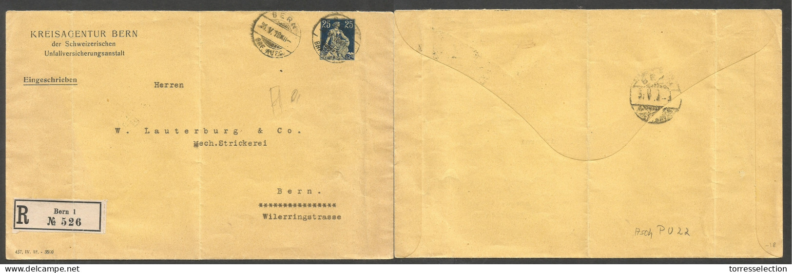 Switzerland - Stationery. 1918 (31 May) Bern Local Registered Stat Env 25c Blue Private Print Kreisagentur. Scarce. SALE - Other & Unclassified