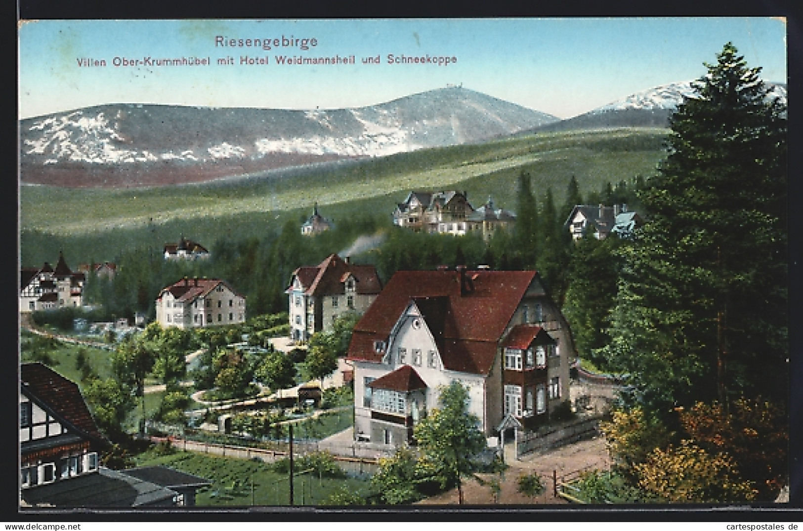 AK Ober-Krummhübel I. Riesengebirge, Teilansicht Mit Hotel Weidmannsheil Und Schneekoppe  - Schlesien