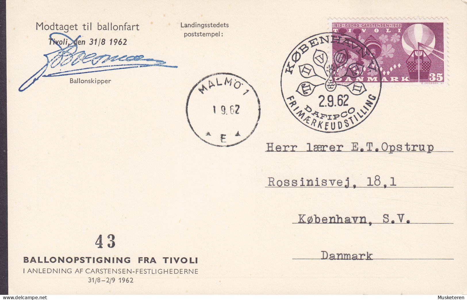 Denmark PPC DAFIPCO Stamp Exhibition 1962 Ballon Post From TIVOLI To MALMØ Sweden Special Cancel Card (2 Scans) - Mongolfiere