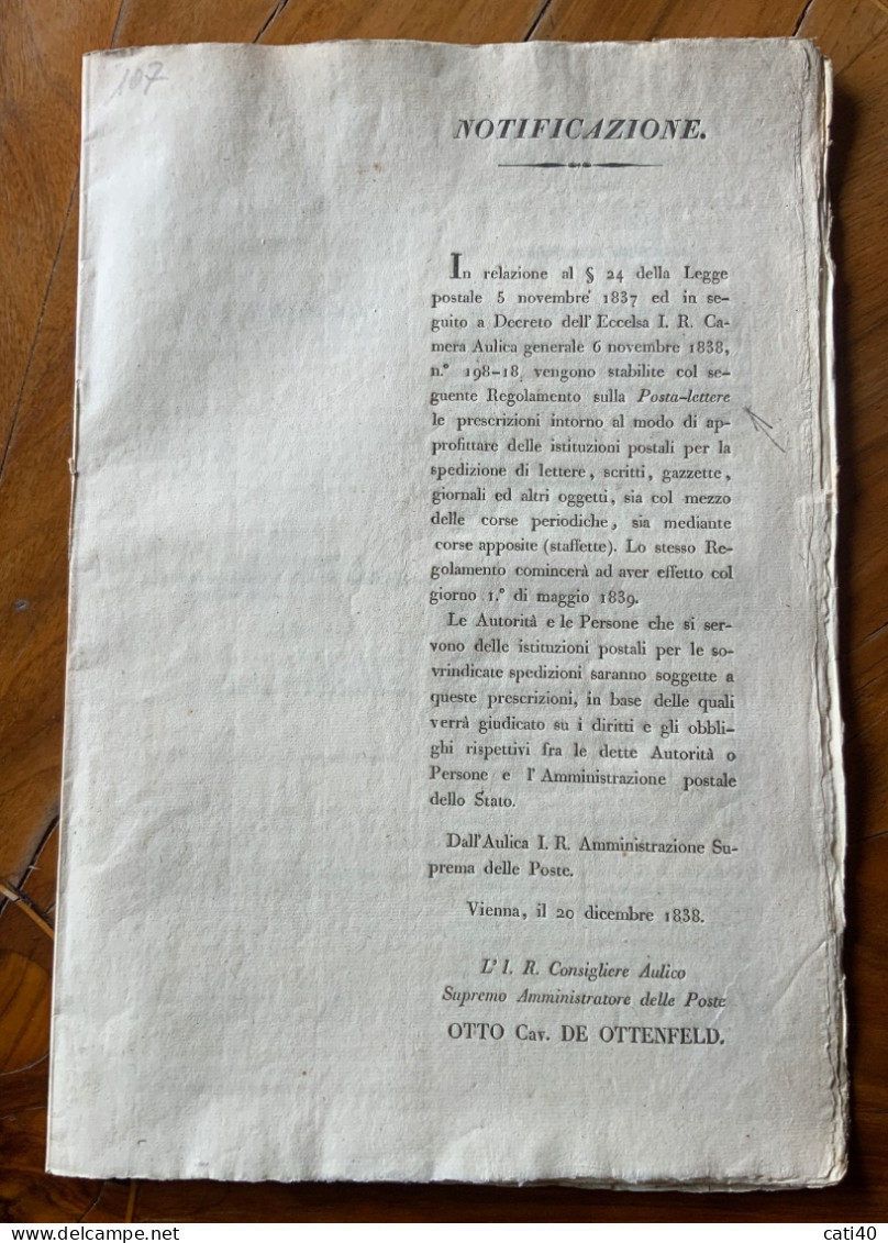 REGOLAMENTO SULLA POSTA - LETTERE - PARTE PRIMA DISPOSIZIONI GENERALI - VIENNA 20/12/1838 -  Pagine 24 - 84 Par. - RRR - Historische Documenten