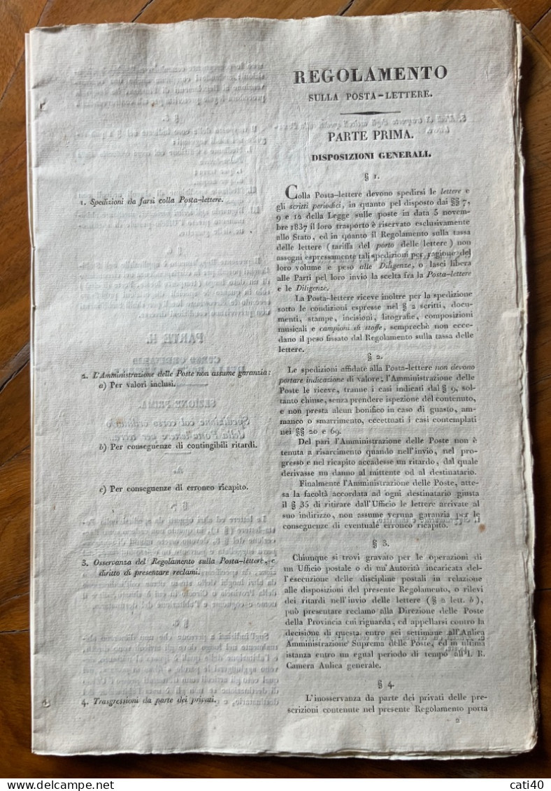 REGOLAMENTO SULLA POSTA - LETTERE - PARTE PRIMA DISPOSIZIONI GENERALI - VIENNA 20/12/1838 -  Pagine 24 - 84 Par. - RRR - Historical Documents