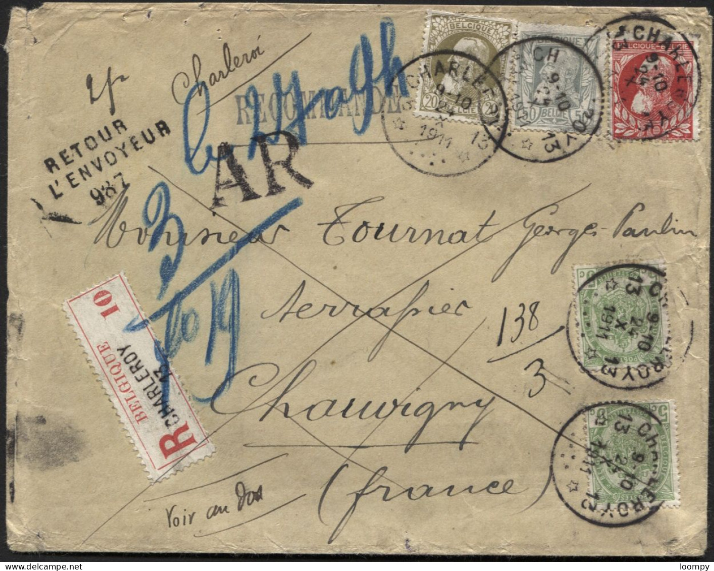 AGENCE CHARLEROY 13 S/lettre Grosse Barbe Recom. 2 Ports+ AR Vers Chauvigny France 1911 + Retour. Peu Courant! Charleroi - Postmarks With Stars
