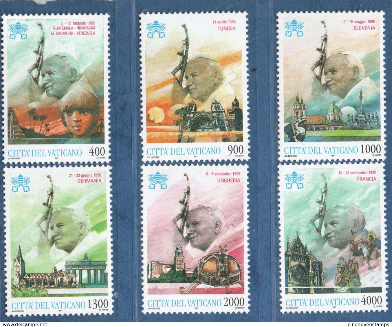 Vatican 1997, Papal World Visits 6 Values MNH Middle America, Tunesia,Slovenia, Berlin, Hungary, France - Christianisme