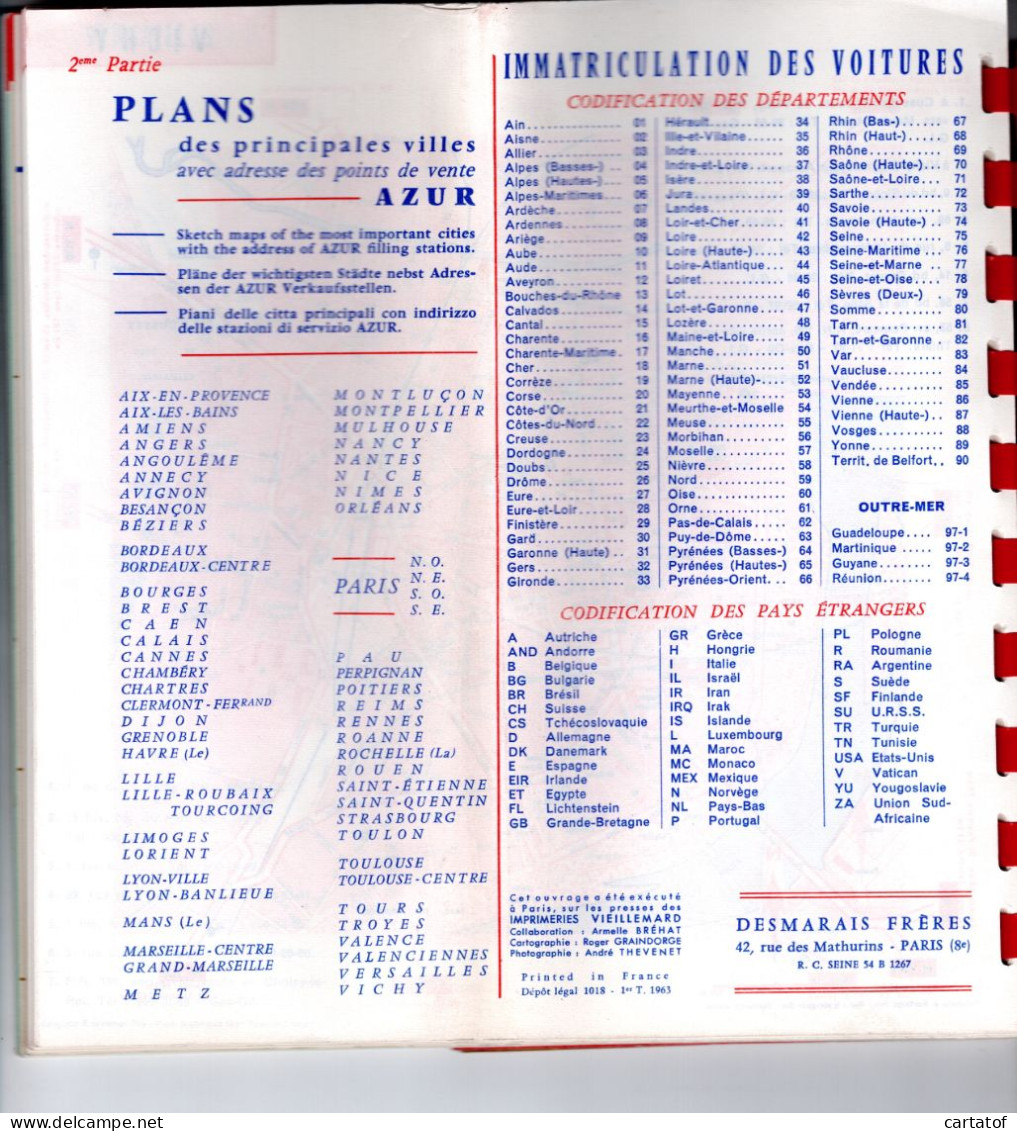 ATLAS AZUR 1963 . Cartes Routières France, Régions, Grandes Villes , Banlieue Parisienne… DESMARAIS Frères . - Carte Stradali