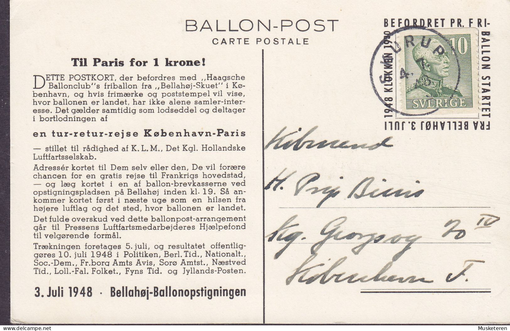 Denmark PPC Ballon-Post 3. 7. 1948 Bellahøj-Ballonopstigningen Used In Sweden SKURUP 4.7.1948 Sent To Denmark (2 Scans) - Montgolfières