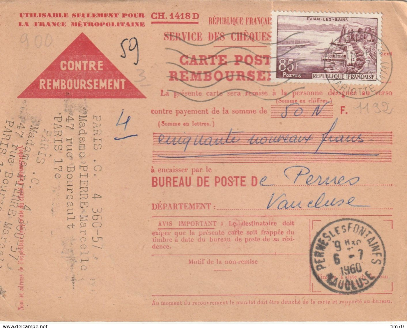 FLAMME  VAGUES /  CONTRE  REMBOURSEMENT  N°  1192 - Storia Postale