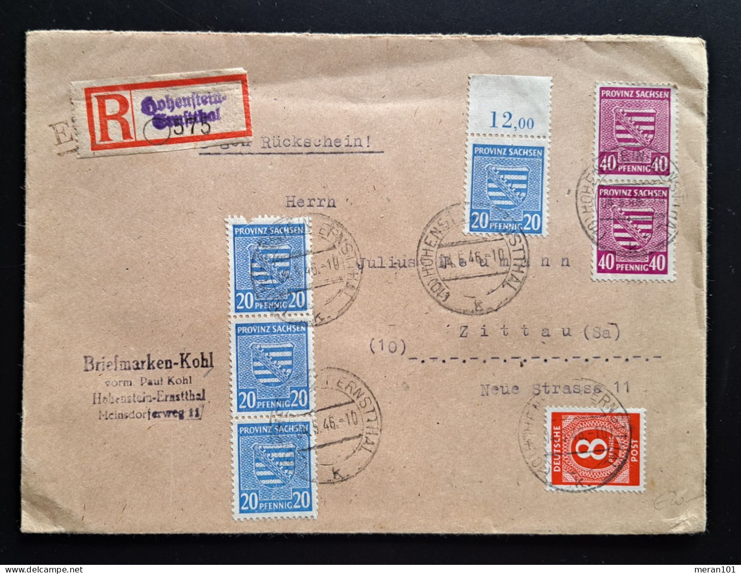 Sachsen 1946, Brief Einschreiben Hohenstein-Ernstthal Nach Zittau MiF Siegel - Brieven En Documenten