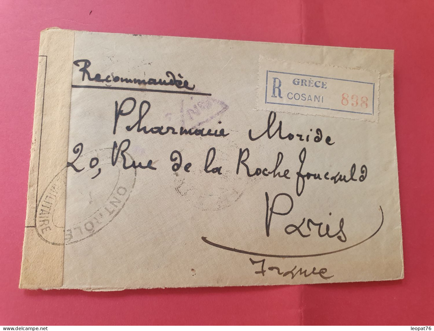 Grèce - Enveloppe En Recommandé De Cosani Pour Paris En 1918 Avec Contrôle Postal N°1 - Réf 3556 - Covers & Documents