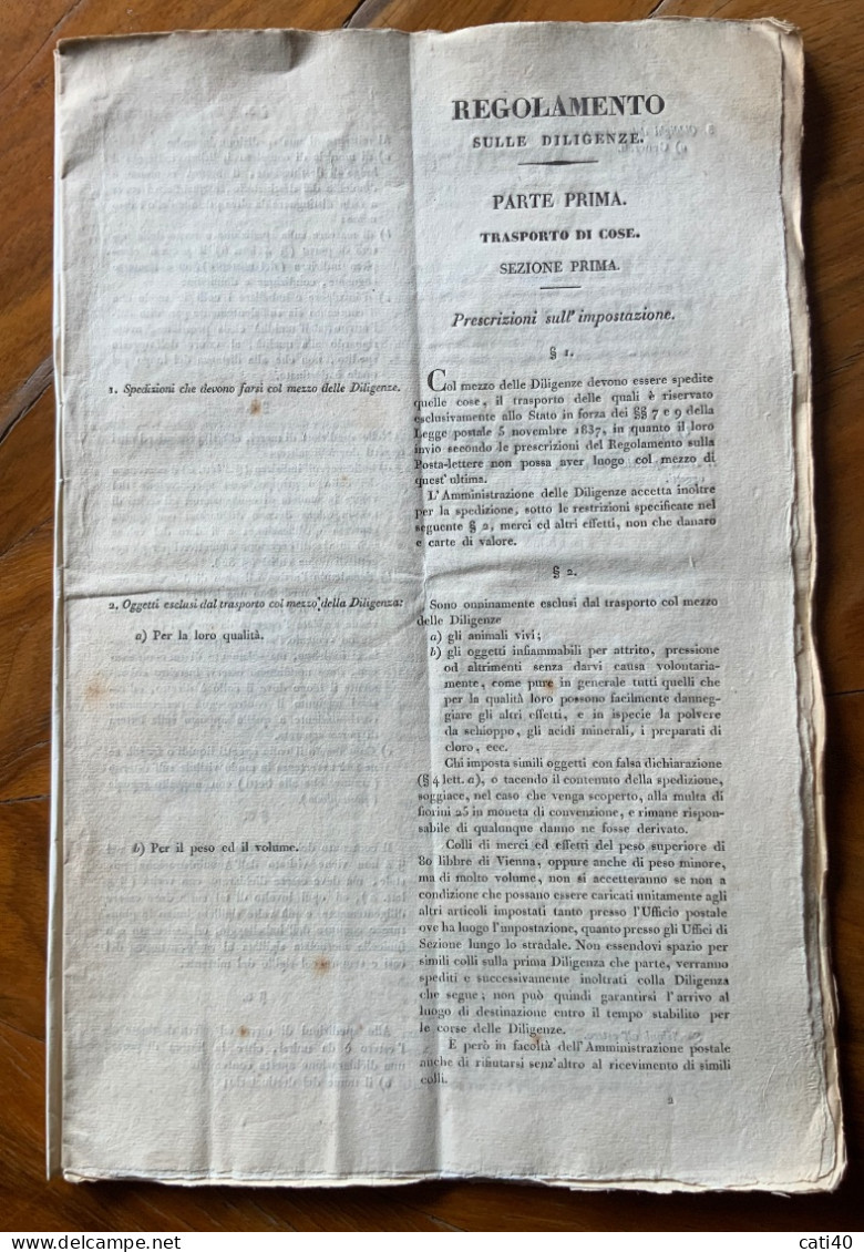 REGOLAMENTO SULLE DILIGENZE  - PARTE PRIMA TRASPORTO DI COSE - VIENNA 6/7/1838 -  Pagine 20 - 64 Par. - RRR - Historical Documents