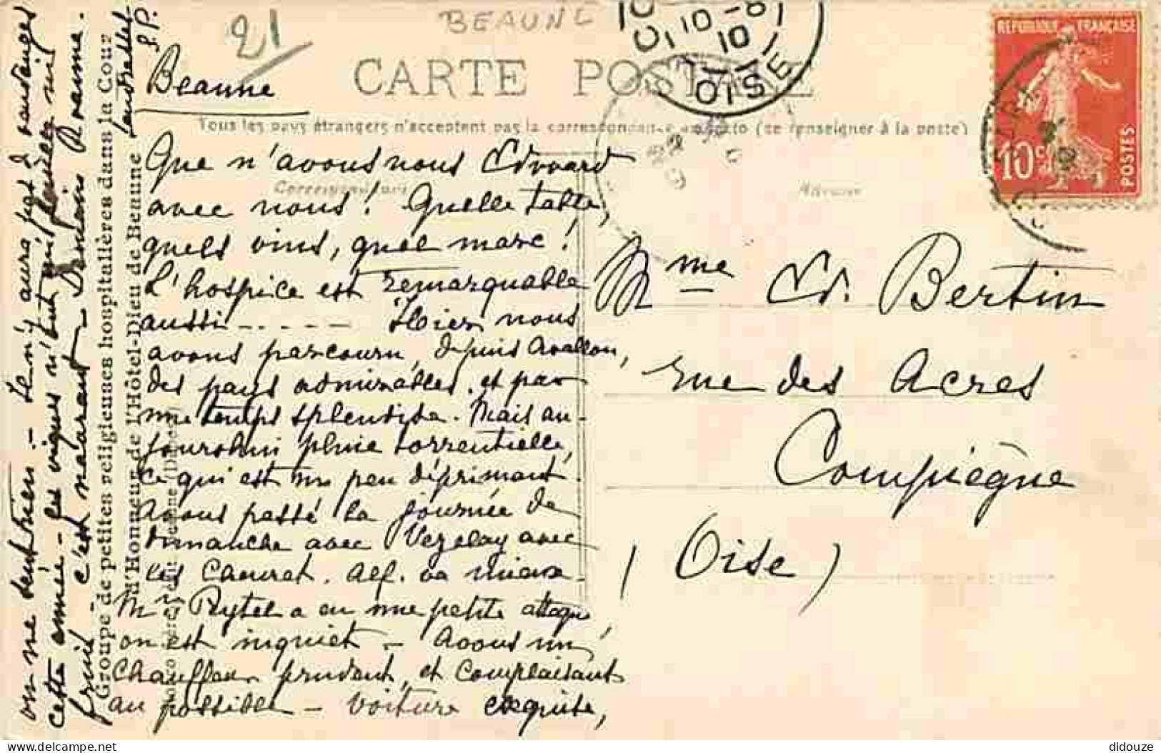 21 - Beaune - Hotel Dieu - Animée - Enfants - Religieuses - Correspondance - Oblitération Ronde De 1910 - CPA - Voir Sca - Beaune