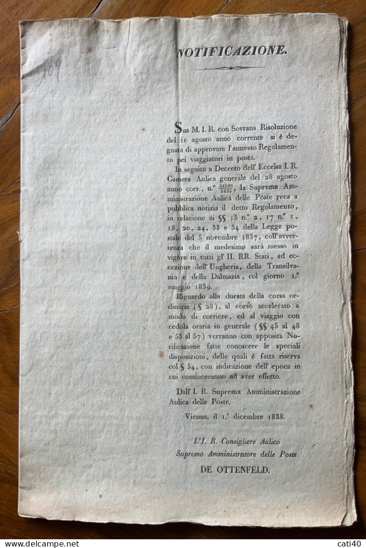 REGOLAMENTO POSTALE PEI VIAGGIATORI  - VIENNA 1/12/1838 -  Pagine 20 - 63 Par. - RRR - Historical Documents