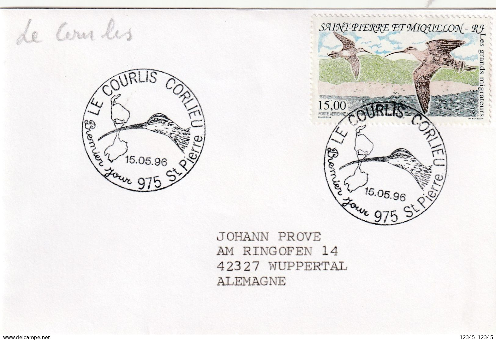 Saint Pierre 1996, Letter Sent To Germany, Stamped Bird Motive - Lettres & Documents