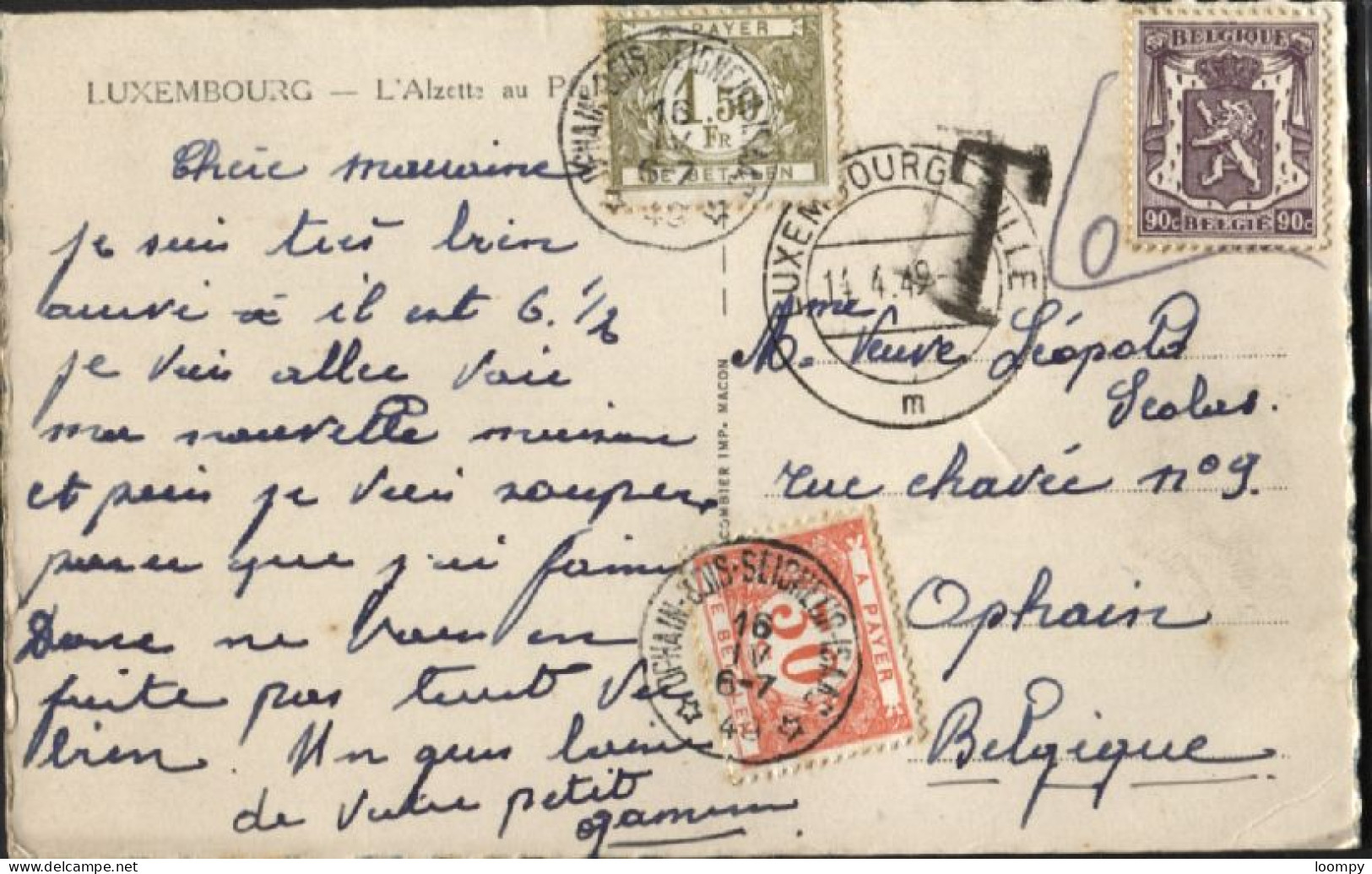 RELAIS - TAxe 30c+1.50fr Obl. OPHAIN-BOIS-SEIGNEUR-ISAAC S/CP Affr. TP Belge 714 Non Valable LUXEMBOURG 1949 - Bolli A Stelle
