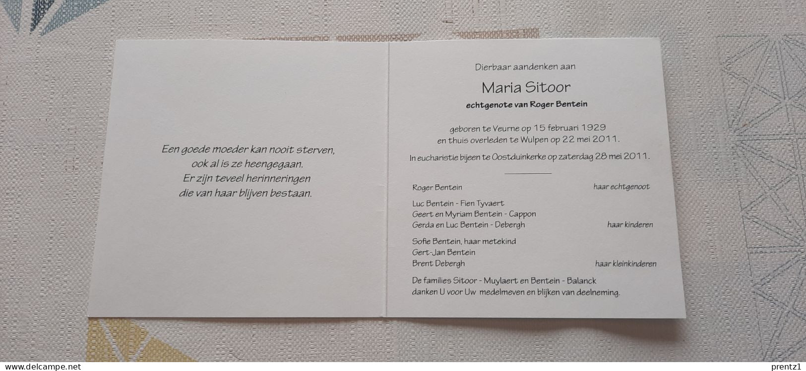 Maria Sitoor Geb. Veurne 15/02/1929 - Getr. R. Bentein - Gest. Wulpen 22/05/2011 - Devotion Images