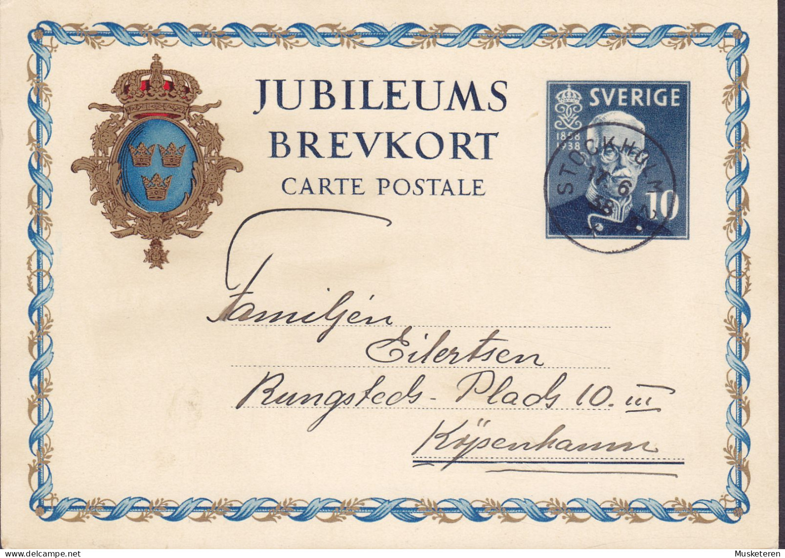 Sweden Postal Stationery Ganzsache Entier 10 Ø Jubileums Brevkort 1858-1938 STOCKHOLM 1938 KØBENHAVN Denmark - Enteros Postales