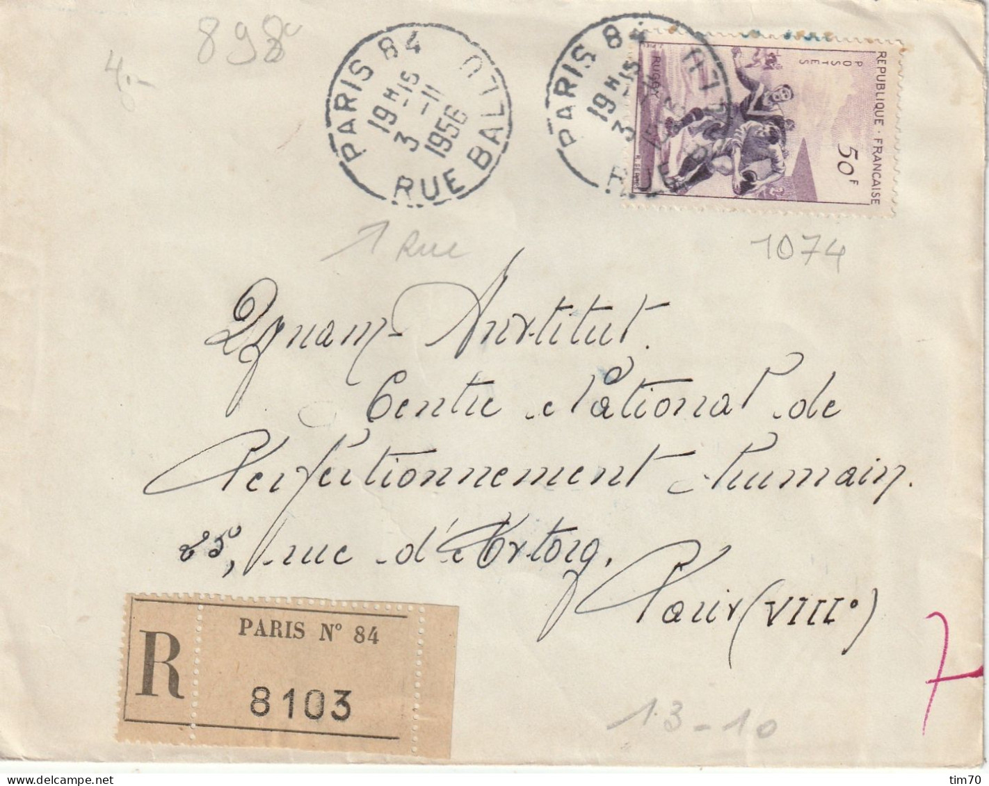 LET  R D  SEUL  / N°  1074  PARIS   84   RUE  BALLU - Manual Postmarks