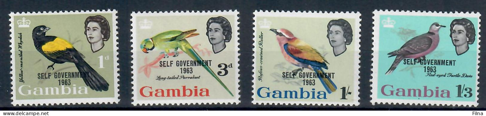 GAMBIA 1963 FAUNA  UCCELLI BIRDS OISEAUX SERIE COMPLETA OVERPRINTED SELF GOVERNMENT 1963  Mi.Nr.183/6  MNH/** - Gambie (1965-...)