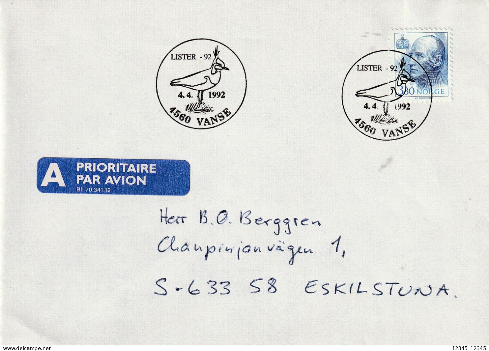 Noorwegen 1992, Letter Sent From Vanse To Sweden, Stamped Bird Motive - Briefe U. Dokumente