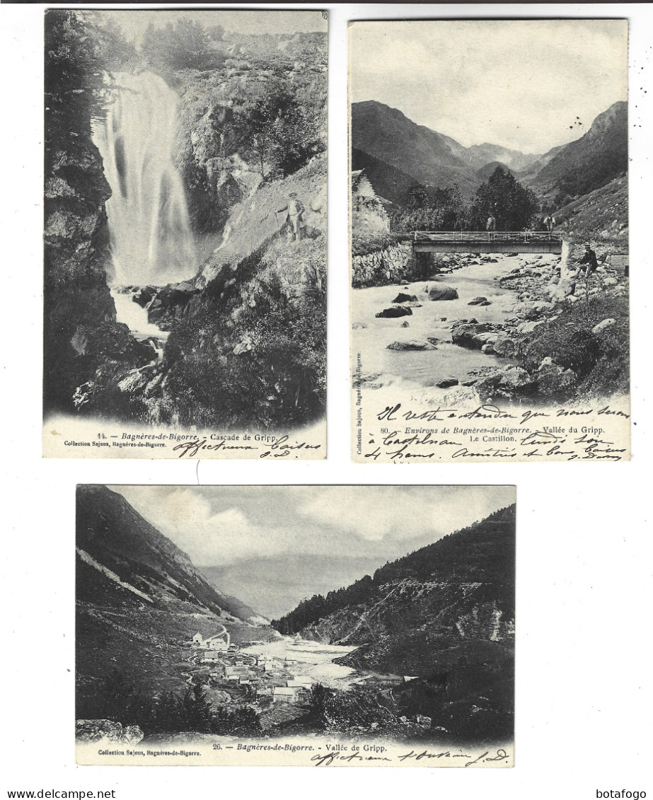 3 CPA DPT 65 ENVIRONS DE BAGNERES DE BIGORRE , LE CASTILLON, CASCADE DE GRIPP ET VALLEE DE GRIPP En 1905! - Bagneres De Bigorre