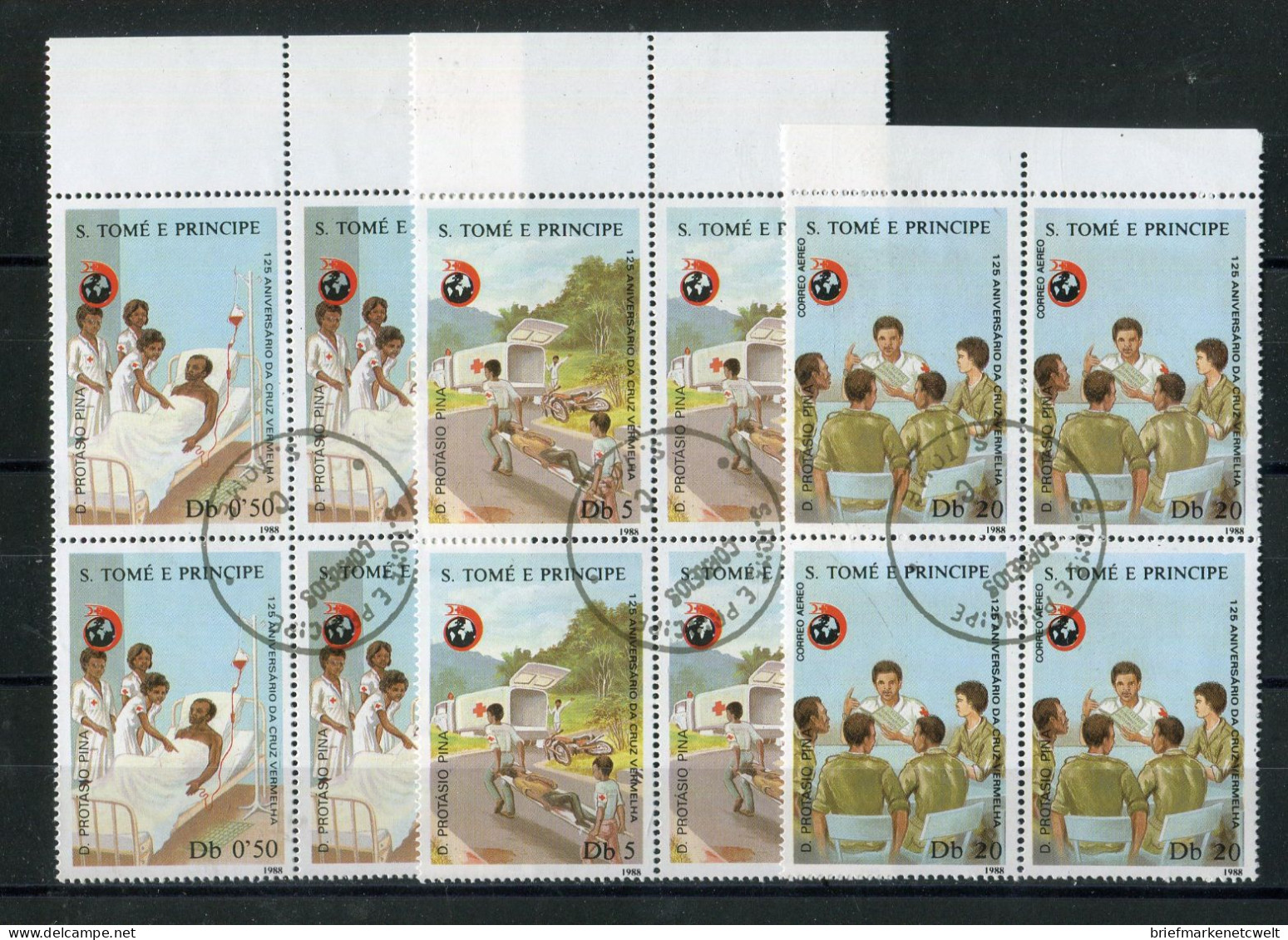 "SAO TOME UND PRINCIPE" 1988, Mi. 1072-1074 "Rotes Kreuz" 4er-Blocks Gestempelt (B1221) - Sao Tomé Y Príncipe