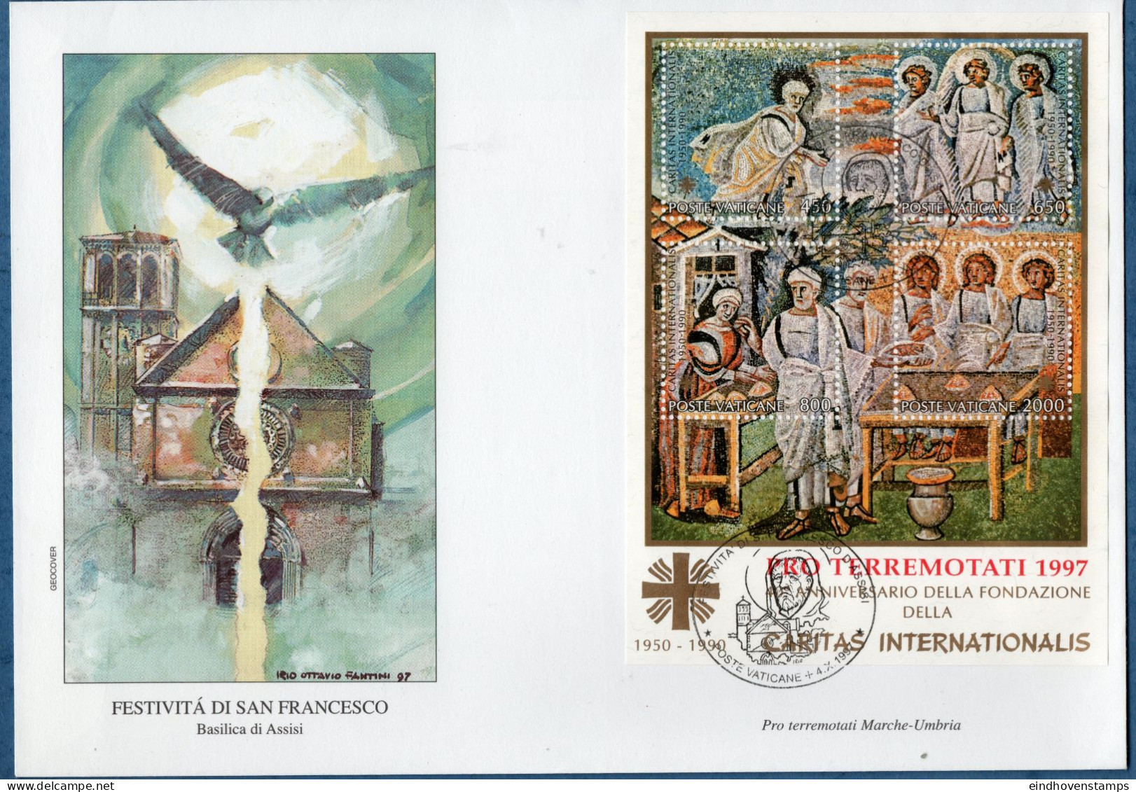 Vatican 1997 Marche-Umbria Earthquake Overprint On Caritas Block Issue FDC - Sonstige & Ohne Zuordnung
