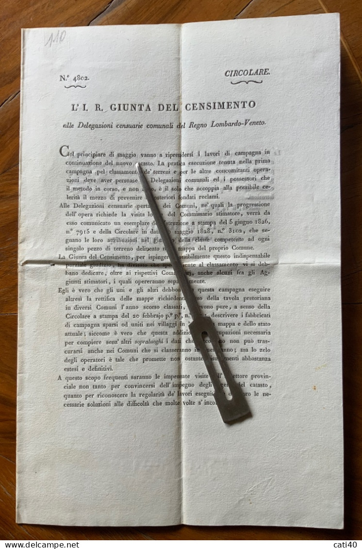 REGNO LOMBARDO VENETO - CIRCOLARE DEL CONTE ALFONSO CASTIGLIONI  ALLE DELEGAZIONI COMUNALI - MILANO 1829 - Historische Documenten