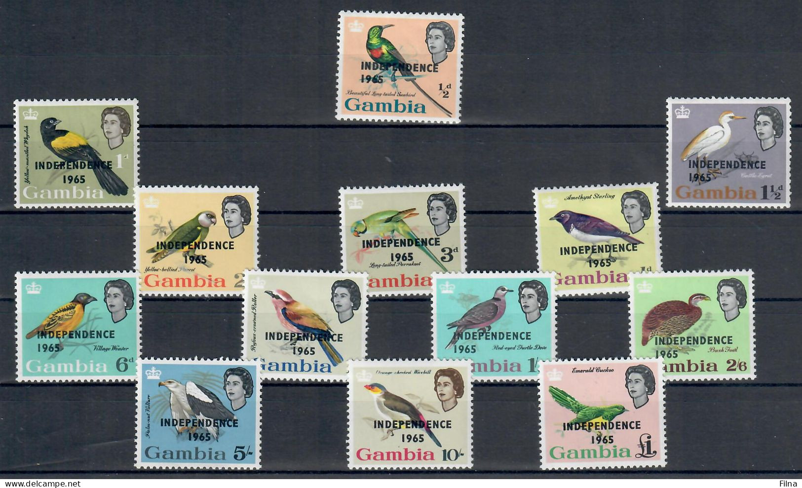 GAMBIA 1965 FAUNA  UCCELLI BIRDS OISEAUX SERIE COMPLETA OVERPRINTED INDEPENDENCE 1965  Mi.Nr.188/200  MNH/** - Gambie (1965-...)