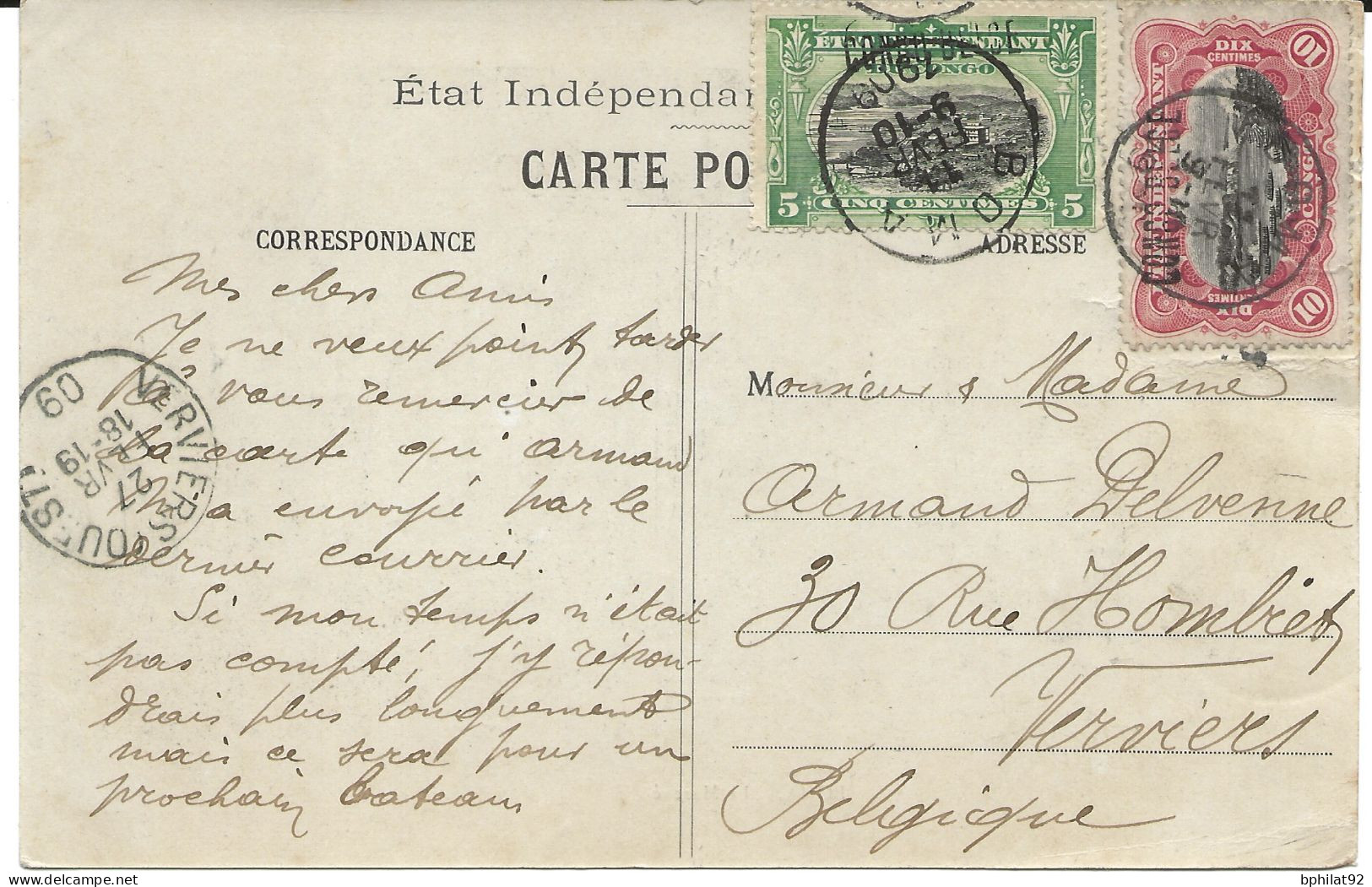 !!! CONGO, CPA DE 1909, DÉPART DE BOMA POUR VERVIERS (BELGIQUE) - Cartas & Documentos