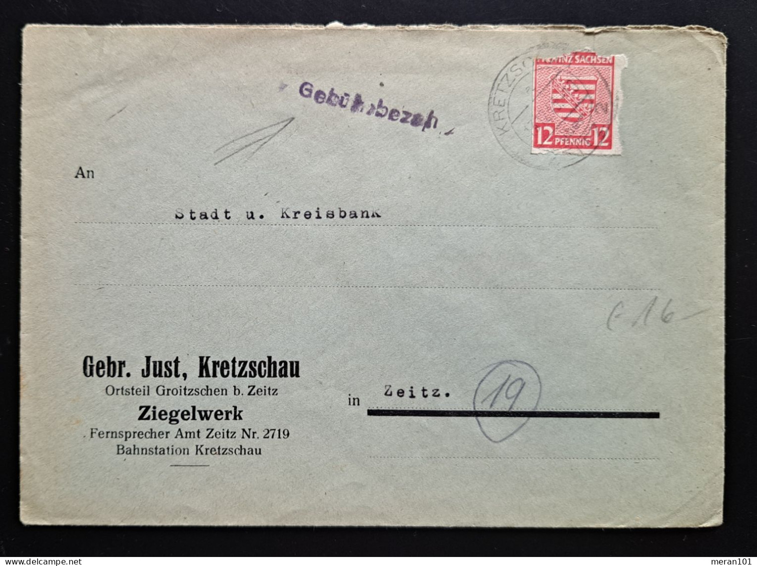 Sachsen 1946, Bedarfsbrief Kretzschau Ziegelwerk "Gebührbezah" - Cartas & Documentos