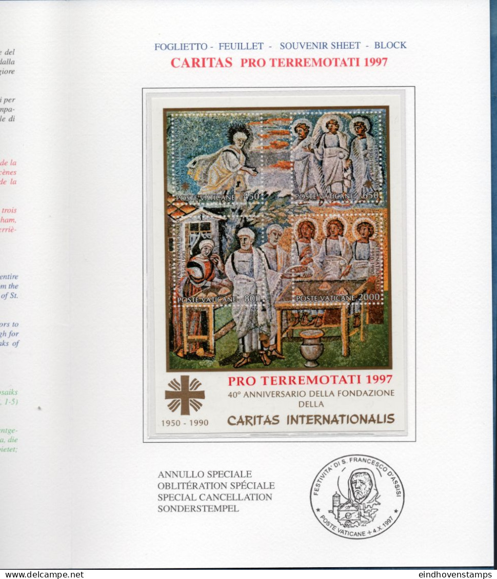 Vatican 1997 Marche-Umbria Earthquake Overprint On Caritas Block Issue Folder MNH - Autres & Non Classés