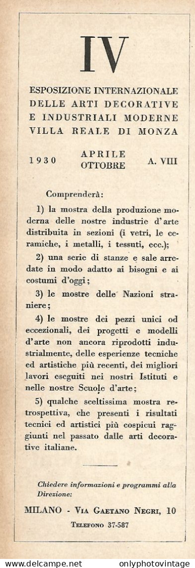 Esposizione Internazionale Arti Decorative - Pubblicità Del 1929 - Advert - Advertising