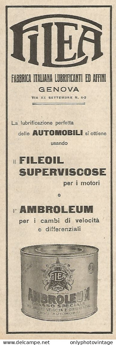 Grasso Speciale Per Cambi AMBROLEUM FILEA - Pubblicità Del 1925 - Advert - Publicidad