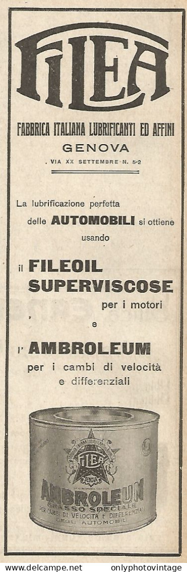 Grasso Speciale Per Cambi AMBROLEUM FILEA - Pubblicità Del 1925 - Advert - Publicidad