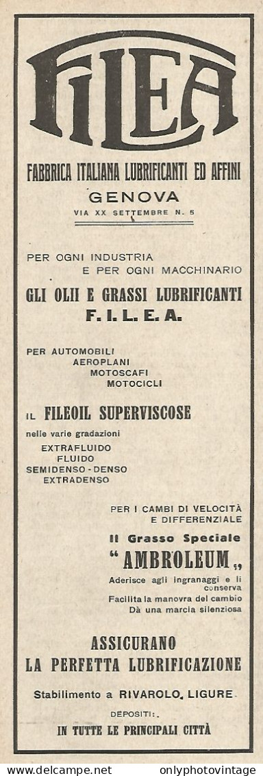 Lubrificanti FILEA - Pubblicità Del 1925 - Vintage Advertising - Publicidad