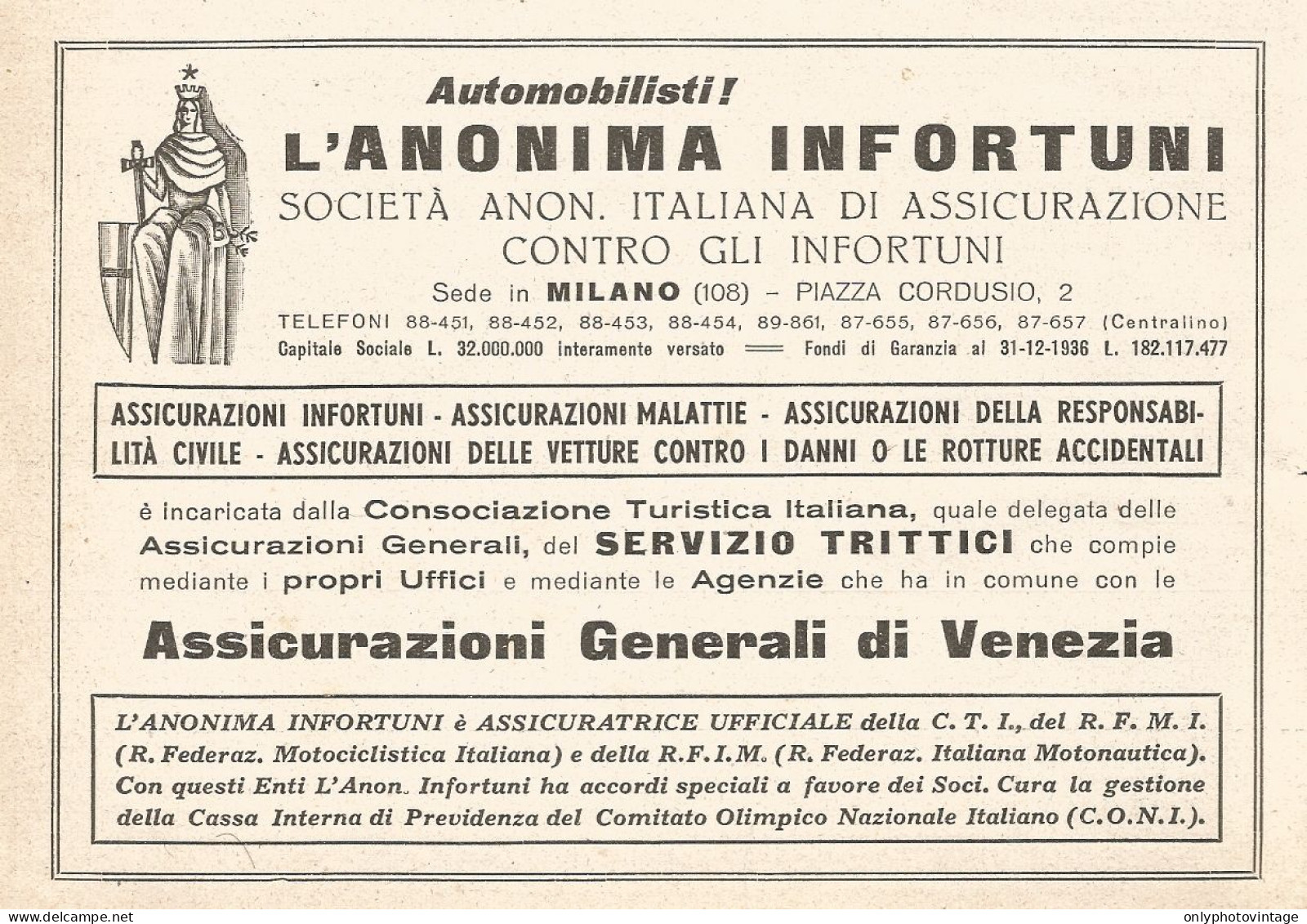 Anonima Infortuni - Pubblicità Del 1937 - Old Advertising - Publicités