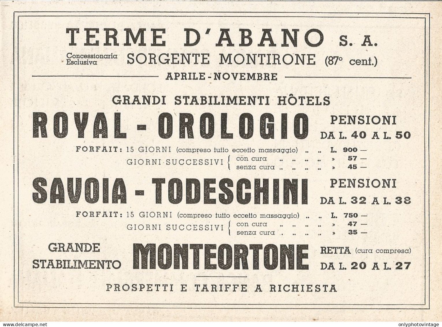 Sorgente Montirone - Terme D'Abano - Pubblicità Del 1937 - Old Advertising - Publicités