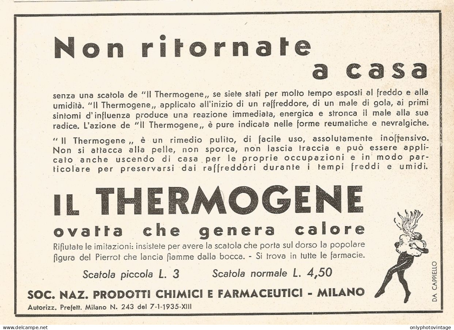 Thermogéne - Ovatta Che Genera Calore - Pubblicità Del 1937 - Old Advert - Publicités