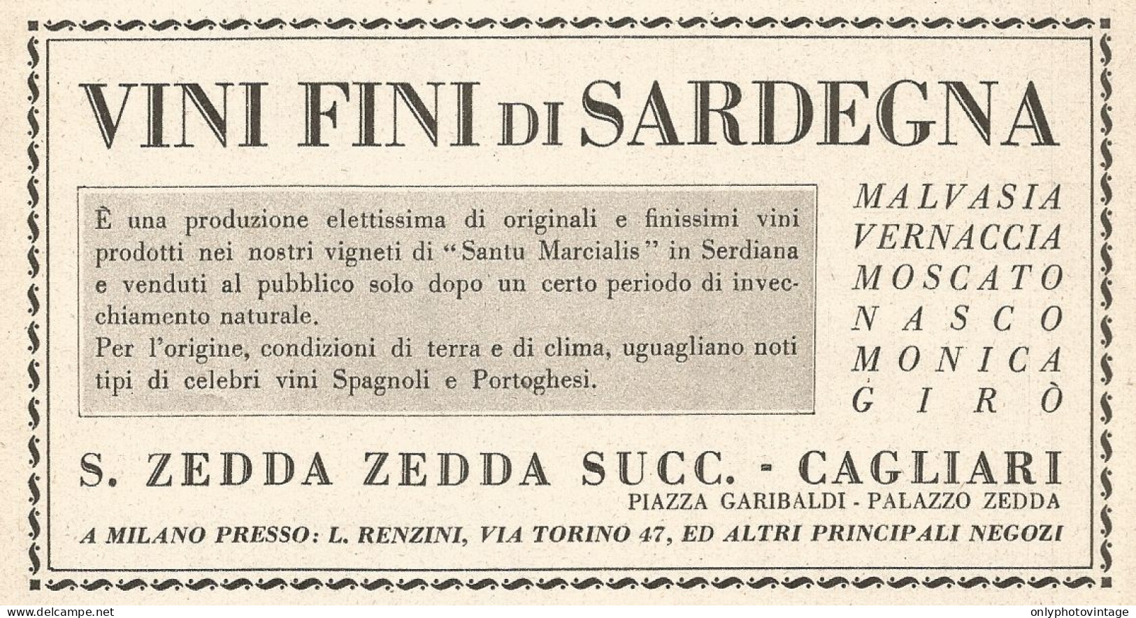 Vini Fini Di Sardegna ZEDDA ZEDDA - Pubblicità Del 1939 - Old Advertising - Publicités