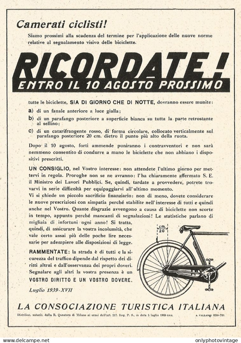 Consociazione Turistica Italiana - Camerati Ciclisti - Pubblicità Del 1939 - Reclame