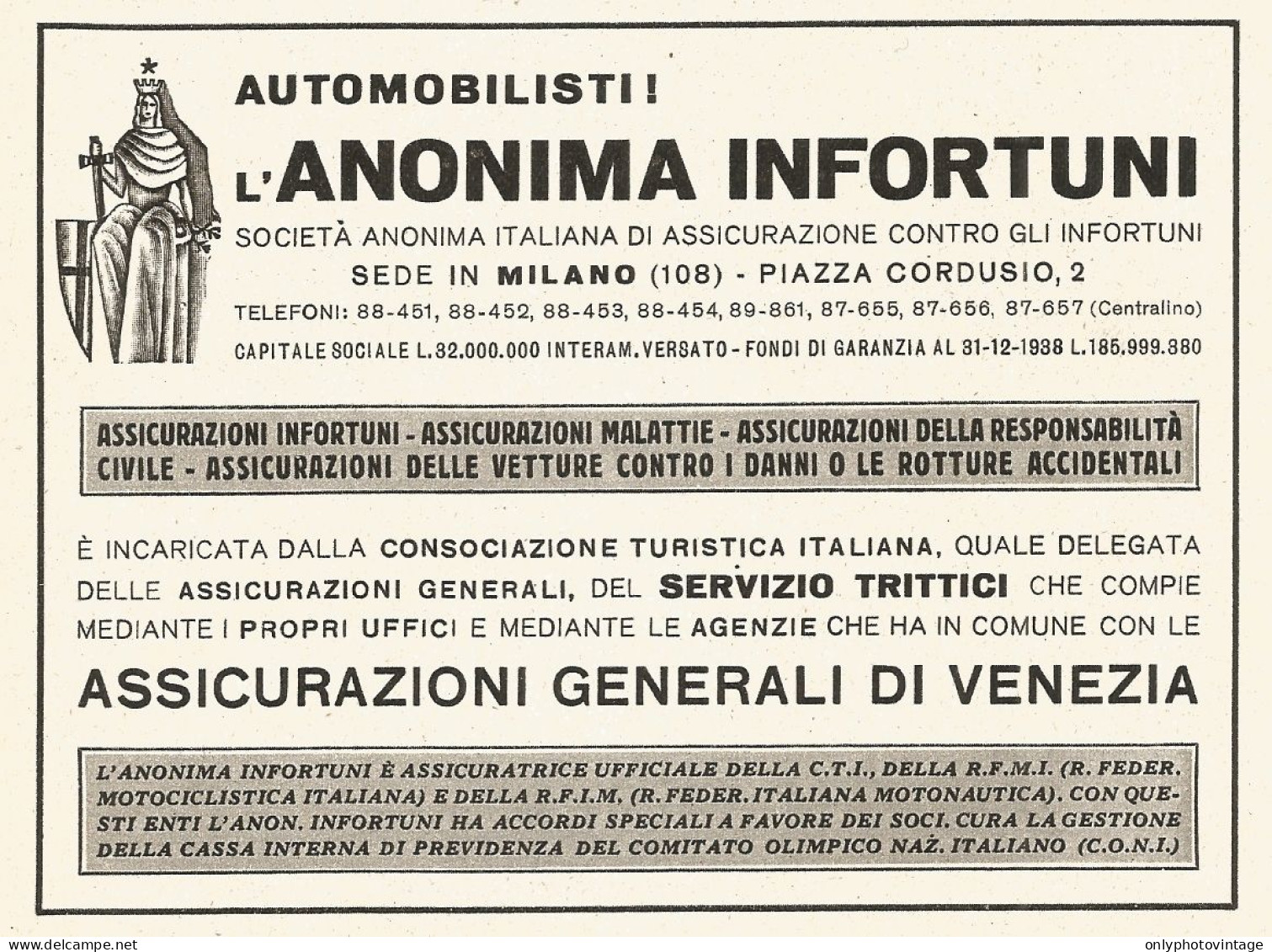 Assicurazioni Generali Di Venezia - Anonima Infortuni - Pubblicità 1940 - Reclame