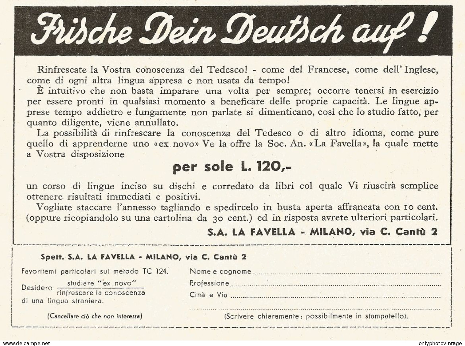 Corso Di Lingue LA FAVELLA - Milano - Pubblicità Del 1940 - Old Advert - Advertising