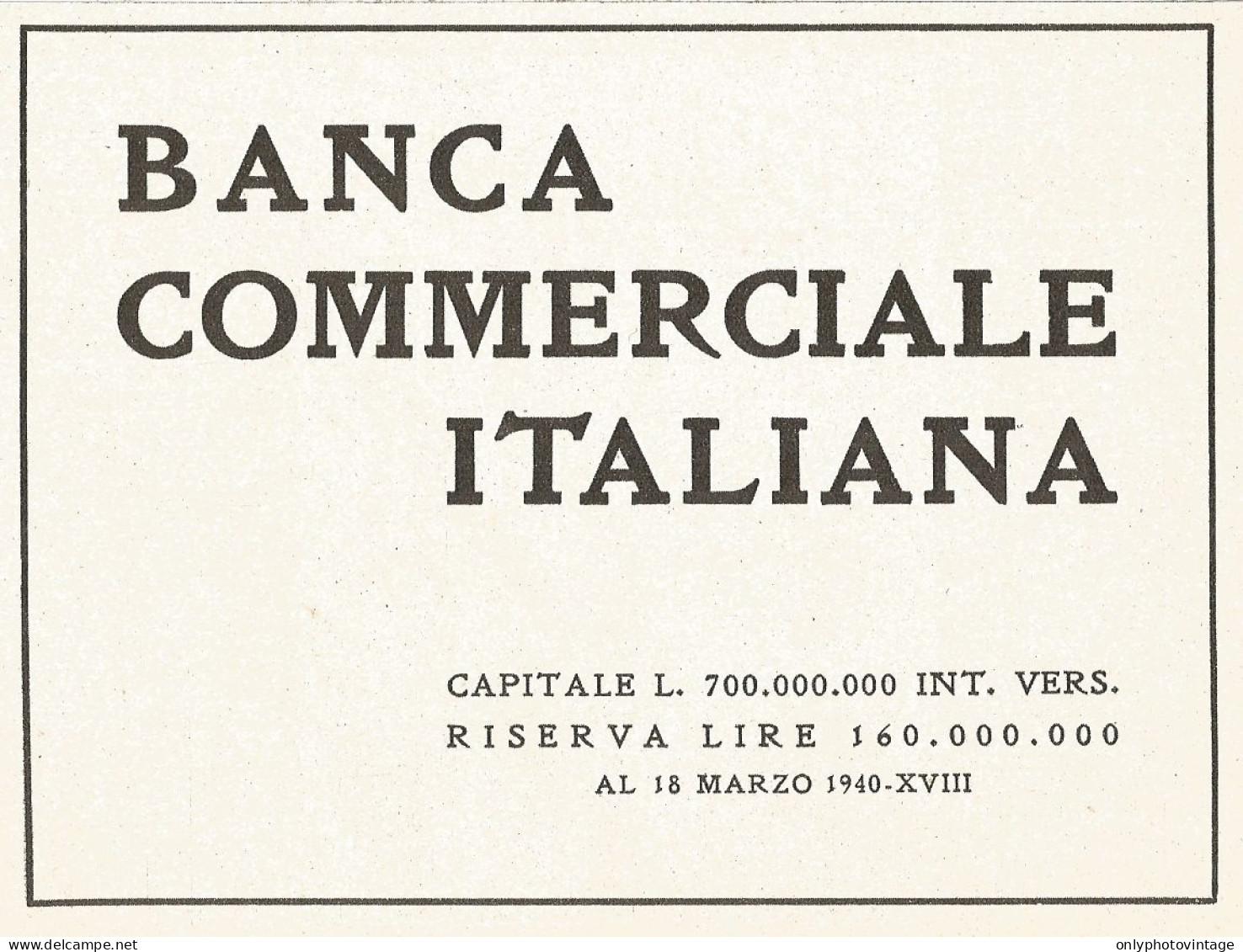 Banca Commerciale Italiana - Pubblicità Del 1940 - Old Advertising - Publicités