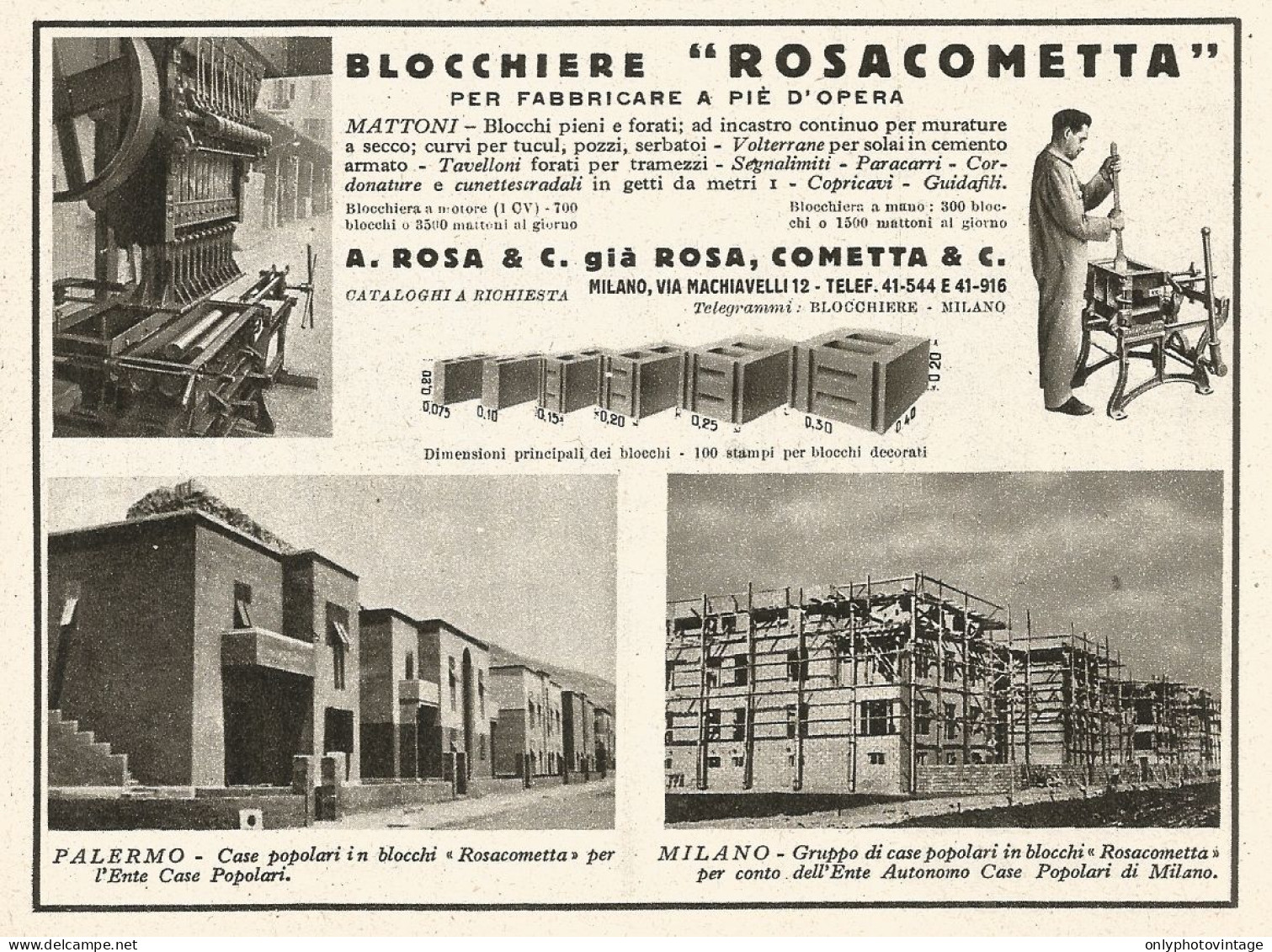 Blocchiere ROSACOMETTA - Case Popolari Di Palermo - Pubblicità Del 1940 - Publicités