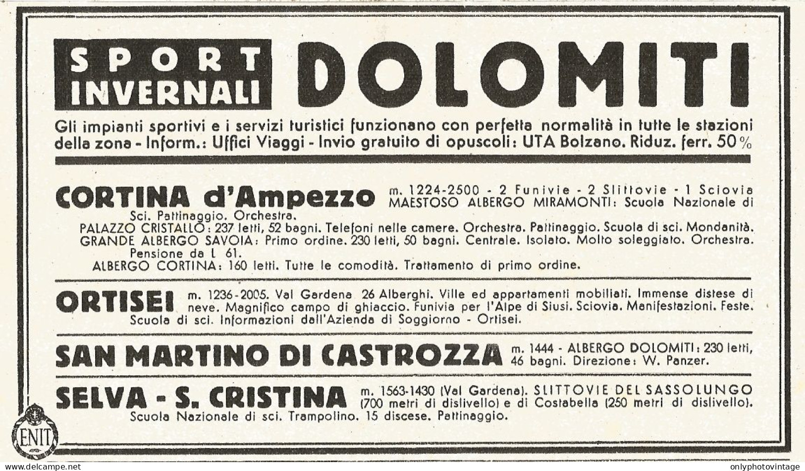 Dolomiti - Sport Invernali - Pubblicità Del 1940 - Old Advertising - Publicités