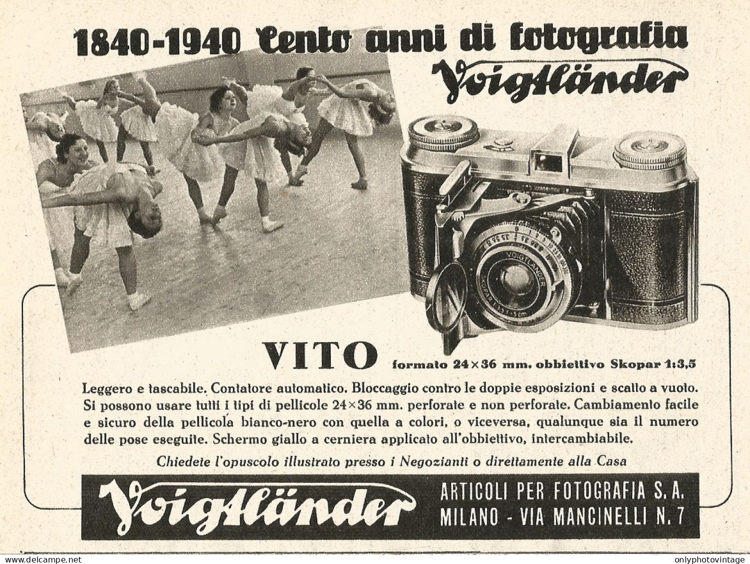 Cento Anni Di Fotografia Voigtlaender - VITO - Pubblicità Del 1940 - Ad - Advertising