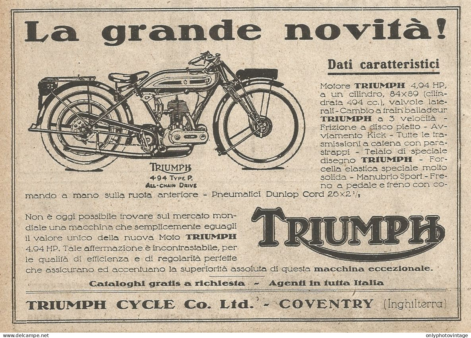 TRIUMPH 4.94 All-Chain Drive - La Grande Novità - Pubblicità 1925 - Old Ad - Advertising