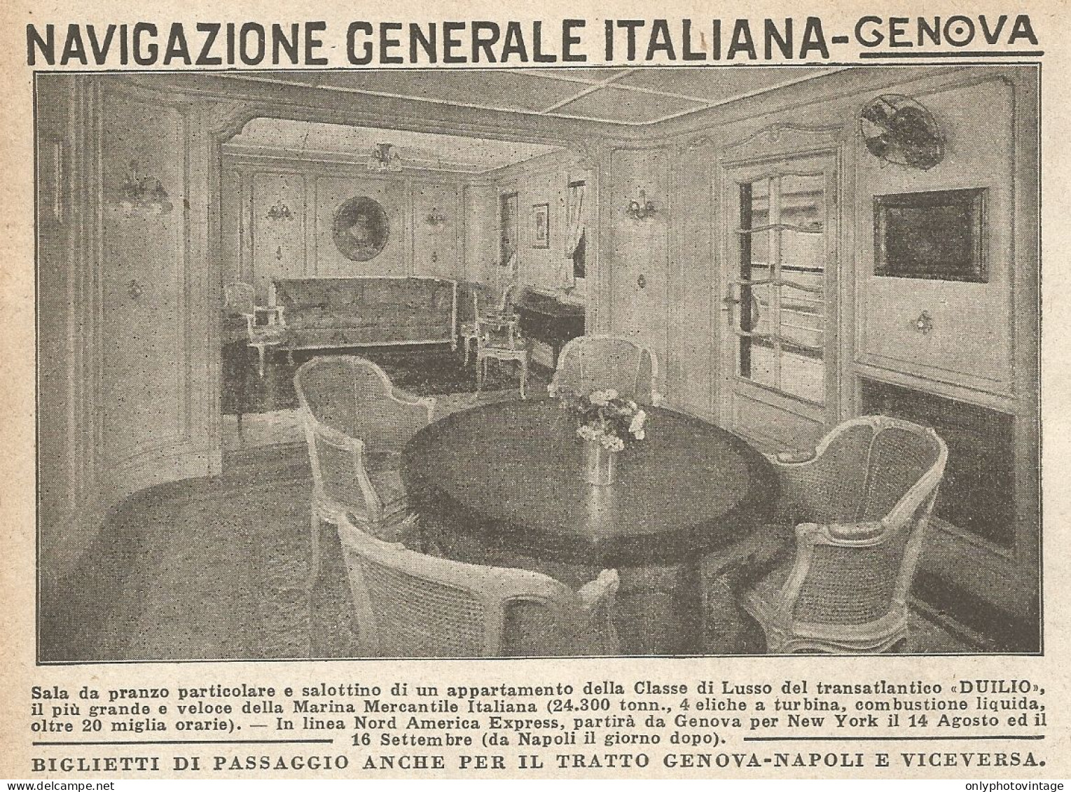 Transatlantico DUILIO - Sala Da Pranzo E Salottino - Pubblicità 1925 - Ad - Advertising